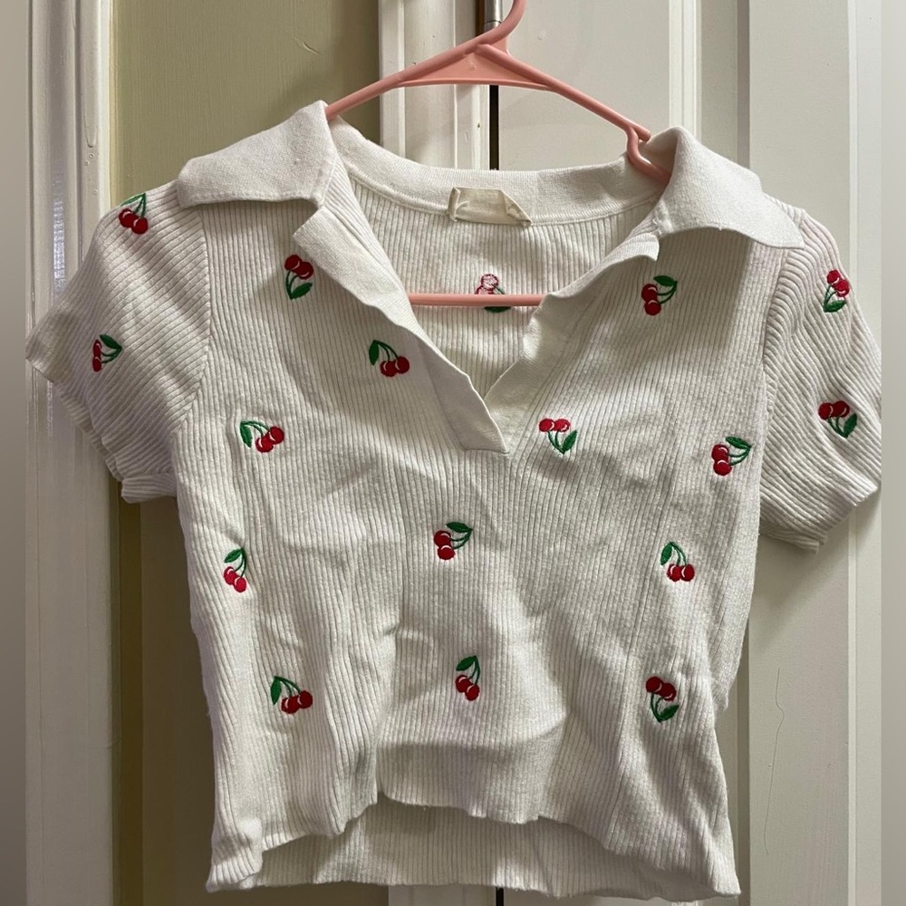 Altar'd State White Cherry Embroidered Blouse